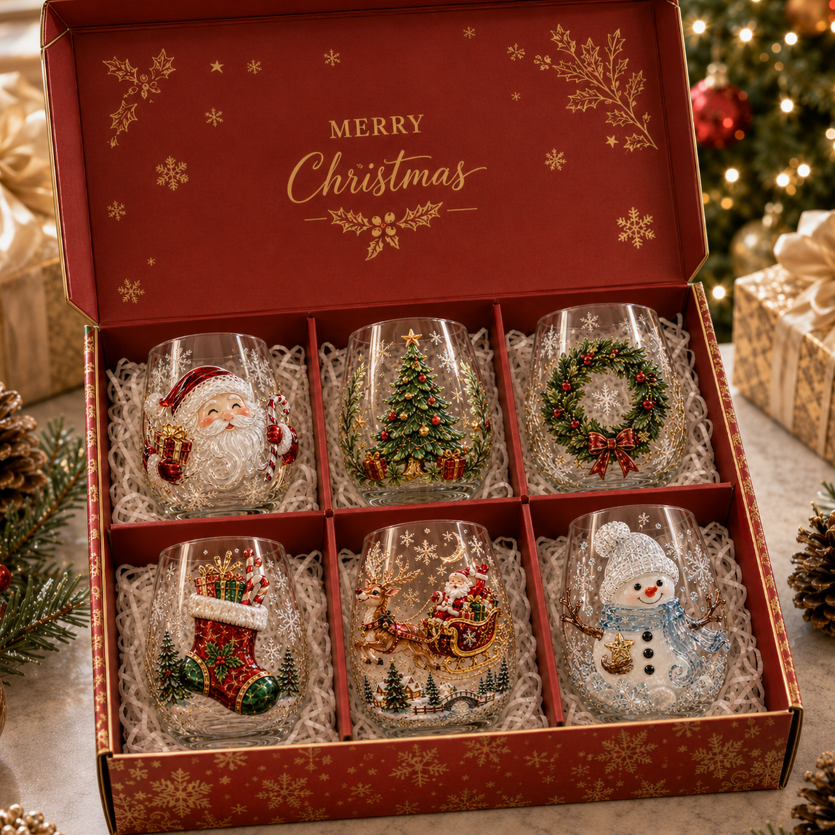 🎅✨Magical Christmas 3D Glass Cup Collection – Santa, Reindeer, Snowman & Christmas Tree