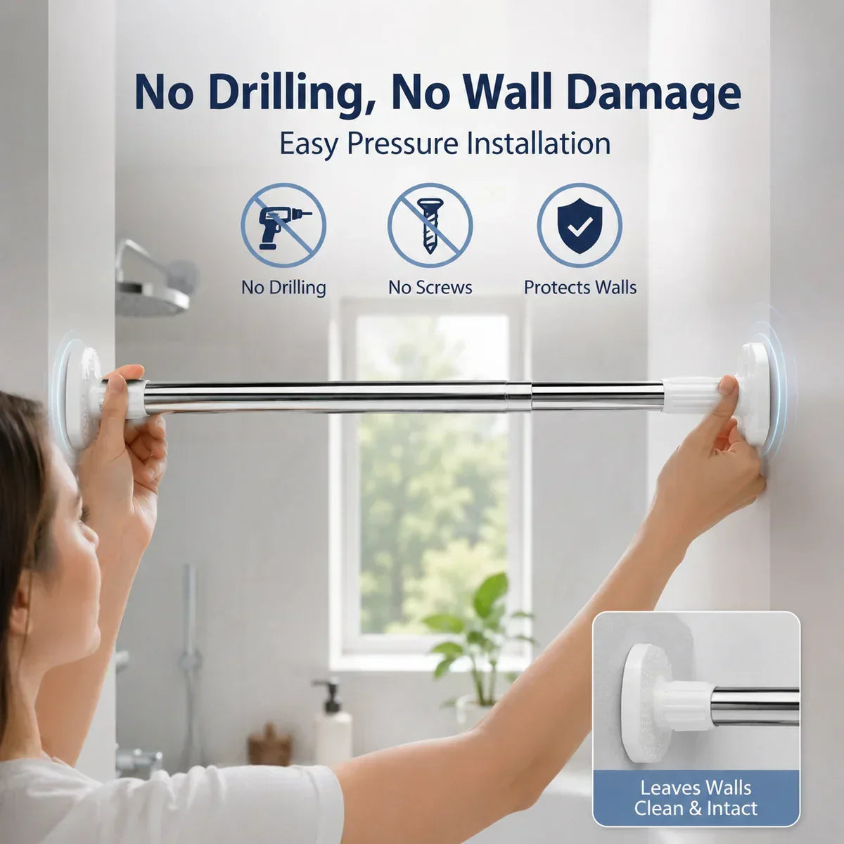 🛠️❌Drill-Free Adjustable Tension Rod – No Holes, No Damage, Instant Install