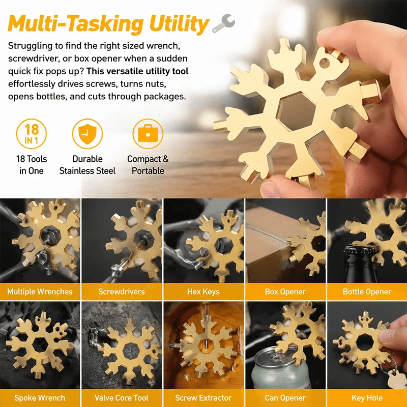 ❄️18-in-1 Snowflake Multi Tool, Stainless Steel Wrench with Screwdriver & Bottle Opener