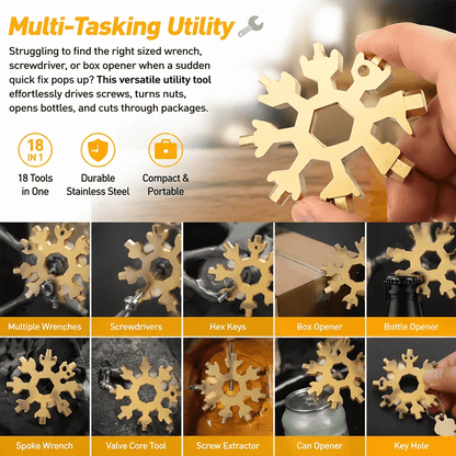 ❄️18-in-1 Snowflake Multi Tool, Stainless Steel Wrench with Screwdriver & Bottle Opener