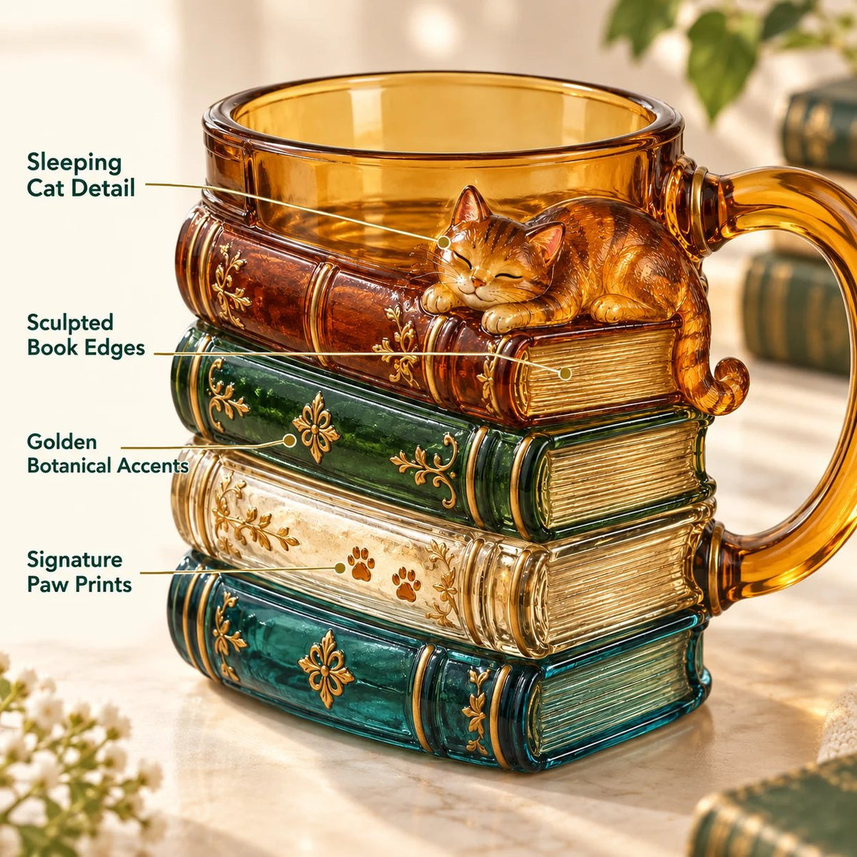 🐱📚 Cozy Book Stack Cat Mug – Whimsical Vintage Coffee Cup for Book & Cat Lovers