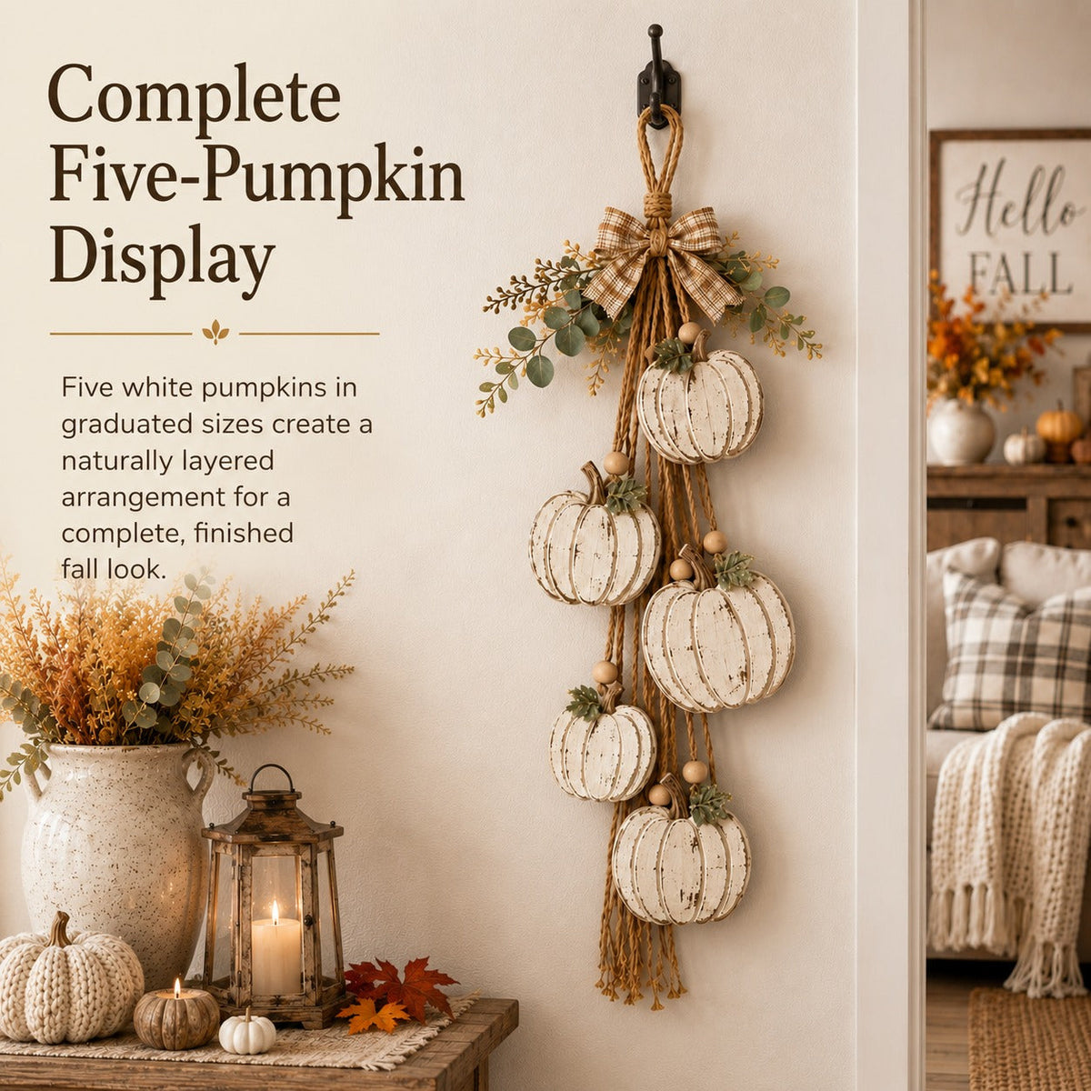 Rustic White Pumpkin Hanging Swag – 5-Pumpkin Fall Wall & Door Decor
