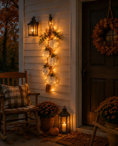 Rustic White Pumpkin Hanging Swag – 5-Pumpkin Fall Wall & Door Decor