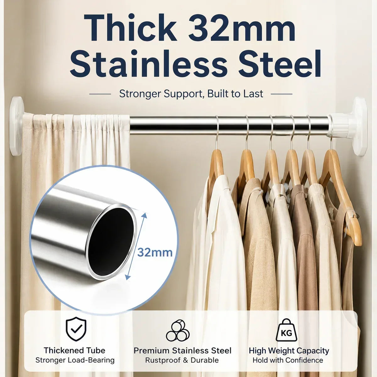 🛠️❌Drill-Free Adjustable Tension Rod – No Holes, No Damage, Instant Install