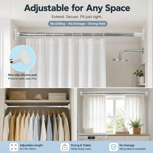 🛠️❌Drill-Free Adjustable Tension Rod – No Holes, No Damage, Instant Install