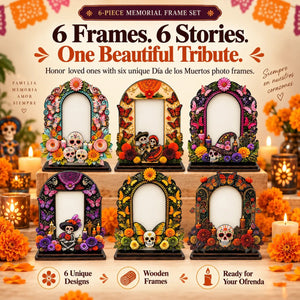 💀 DAY OF THE DEAD DECOR | 6 Wooden Memorial Photo Frames – Colorful Ofrenda Picture Frame Set with Floral Details