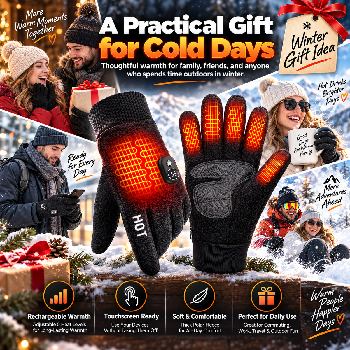 Rechargeable Electric Heated Gloves with Soft Warm Fleece & Display