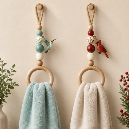 Coastal Blue Beaded Towel Hanger with Wooden Ring