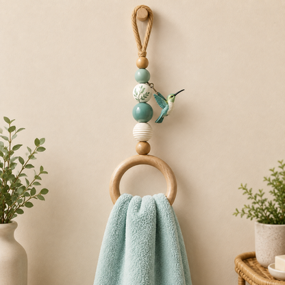 Coastal Blue Beaded Towel Hanger with Wooden Ring