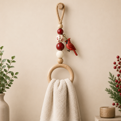 Coastal Blue Beaded Towel Hanger with Wooden Ring