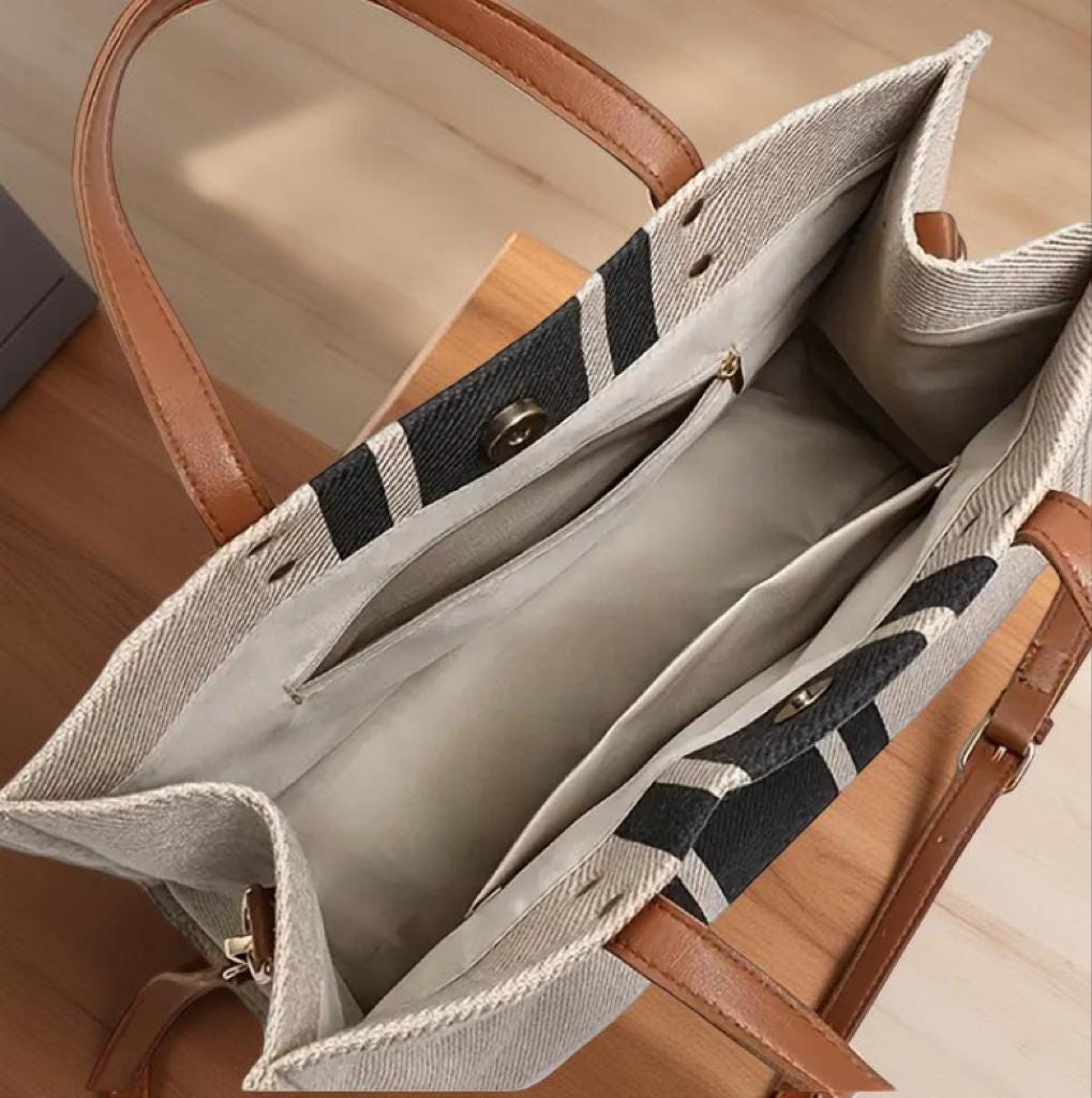 Striped Canvas Tote Bag for Women, Faux Leather Reinforced Handles, Large Boho Beach Bag and Everyday Carryall