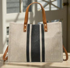 Striped Canvas Tote Bag for Women, Faux Leather Reinforced Handles, Large Boho Beach Bag and Everyday Carryall