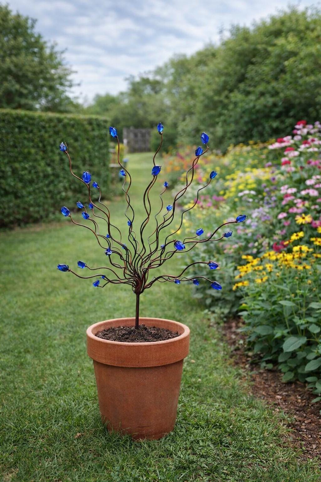 Blue Beaded Tree Garden Stake – Handmade Metal Yard Art Decoration
