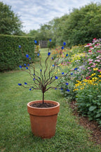 Blue Beaded Tree Garden Stake – Handmade Metal Yard Art Decoration