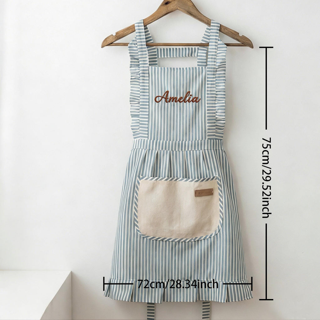Custom Striped Apron with Pockets, Embroidered Cotton Kitchen Apron for Baking and Cooking