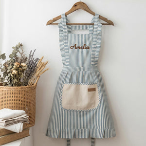 Custom Striped Apron with Pockets, Embroidered Cotton Kitchen Apron for Baking and Cooking