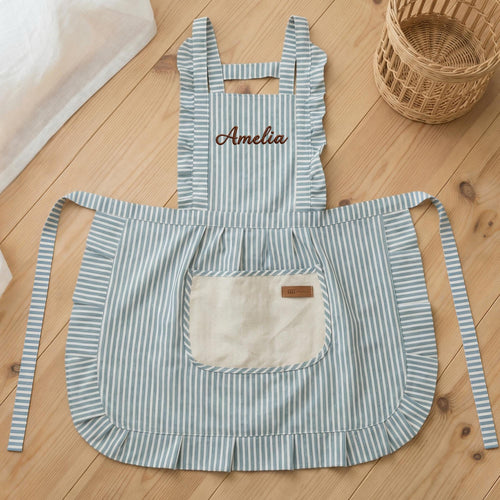 Custom Striped Apron with Pockets, Embroidered Cotton Kitchen Apron for Baking and Cooking