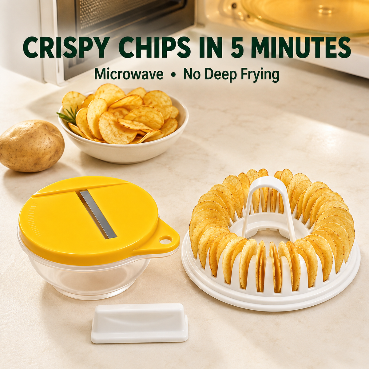 🥔✨✨ Microwave Potato Chip Maker with Slicer – Oil-Free Snack Kit